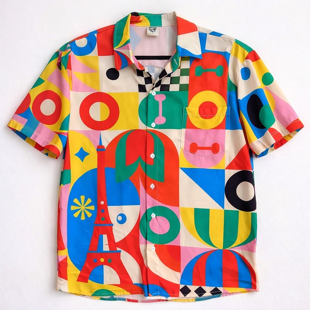 Retro Art Teacher Hawaiian Shirt L Memphis Style Modern Abstract AOP Geometric - Picture 2 of 9
